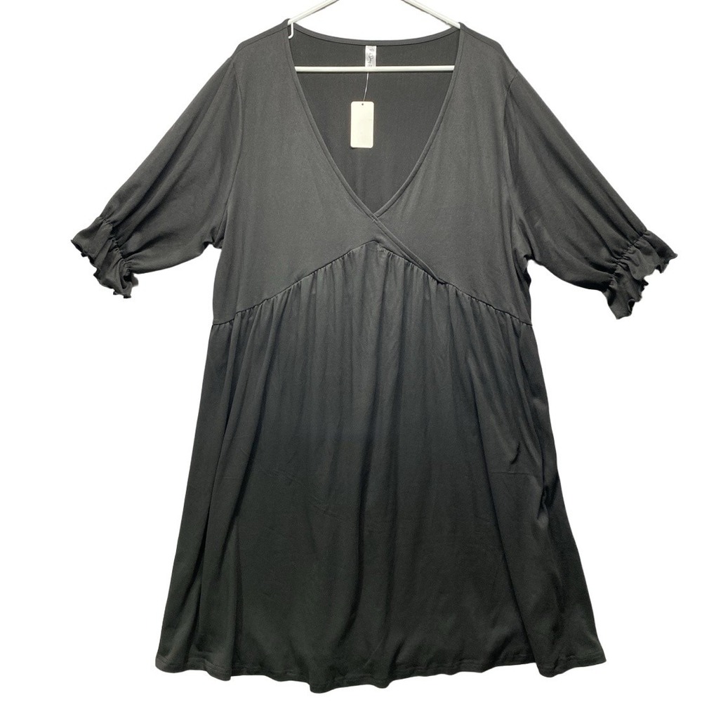 NWT Pink Daisy Dress Womens 2X Black‎ Babydoll Swing V Neck Ruffle Sleeve Boho